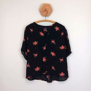 Lucky Brand Black Floral Sheer Swiss Dot Button Front Blouse Sz Large